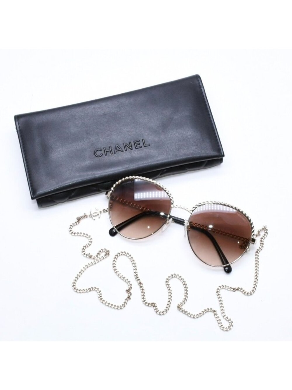 Chanel with Chain Sunglasses Metal Gold Eyewear